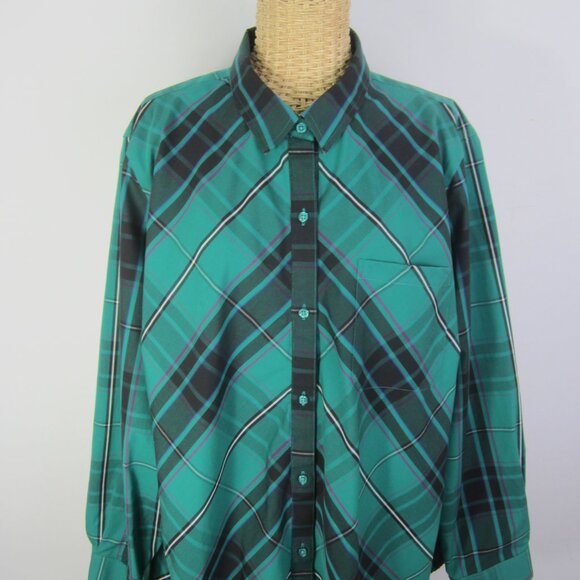 Coldwater Creek Women Plus 2X Teal Blue Green Black Plaid Cotton LS Shirt - Picture 5 of 15